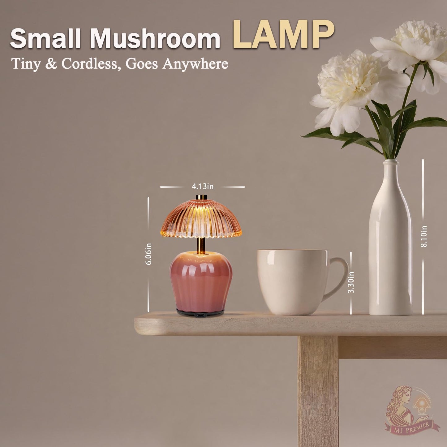 MJ PREMIER Rechargeable Table Lamp, Cordless Lamp with Timer, Mini Glass Mushroom Lampshade, Small Table Lamps, Decorative Led Light for Bedroom Living Room Shelf (Pink)
