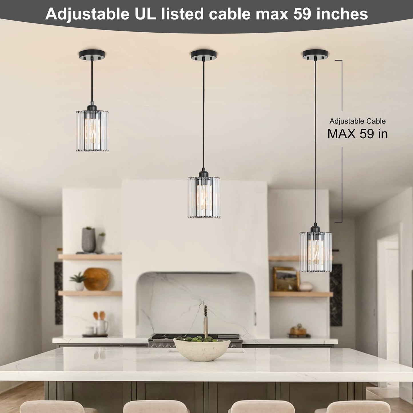 JIMKIGTO 1 Pack K9 Crystal Pendant Lighting, 1-Light Modern Pendant Island Lights, Adjustable Hanging Black Pendant Light Fixture Over Island Lights for Kitchen Dining Room Bedroom Bathroom Over Sink