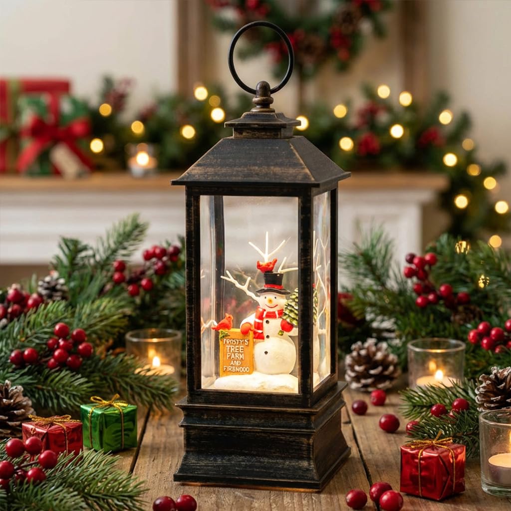10" Christmas Snow Globe Lantern with Farm Snowman，Lighted Swirling Glittering Snow Globes with Music & Timer, Christmas Decorations for Home Tabletop Indoor