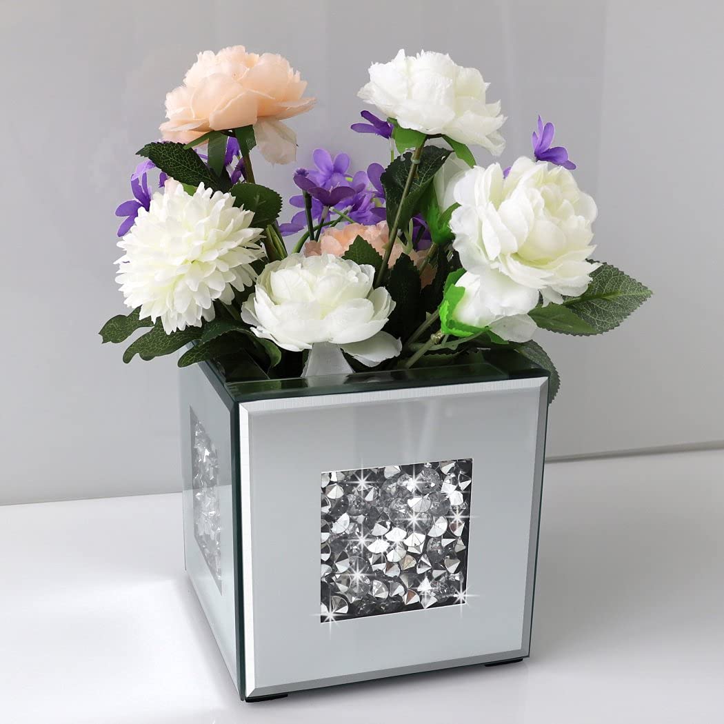 Crushed Diamond Mirrored Vase 6x6x6inch Crystal Silver Glass Stunning Decorative Vase Flower Luxury for Home Decor. Can’t Hold Water.