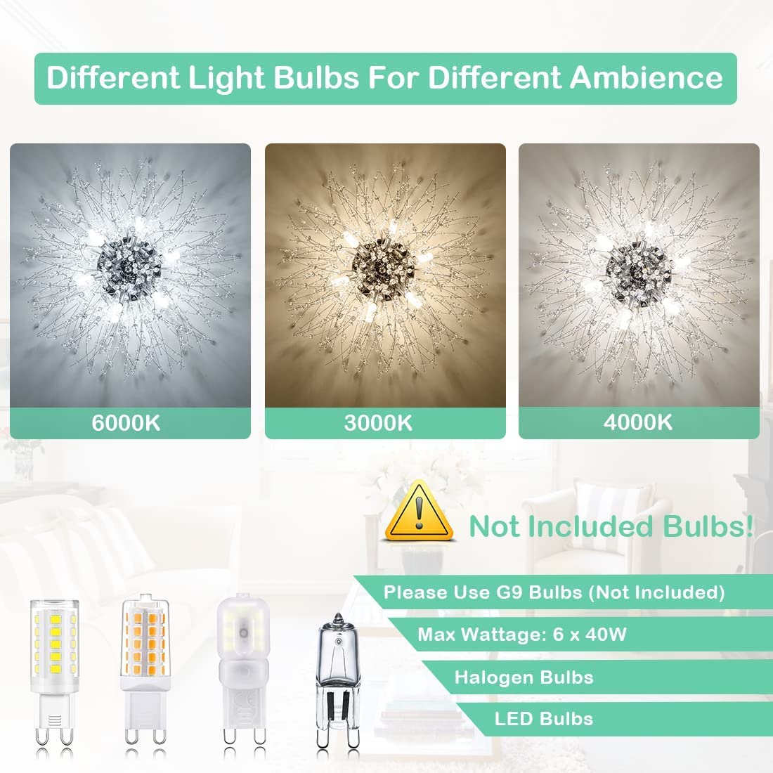 HMVPL Crystal Sputnik Firework Close to Ceiling Light, Modern LED Lamp for Bedroom, Kitchen, Island, Entryway, Hallway, Foyer