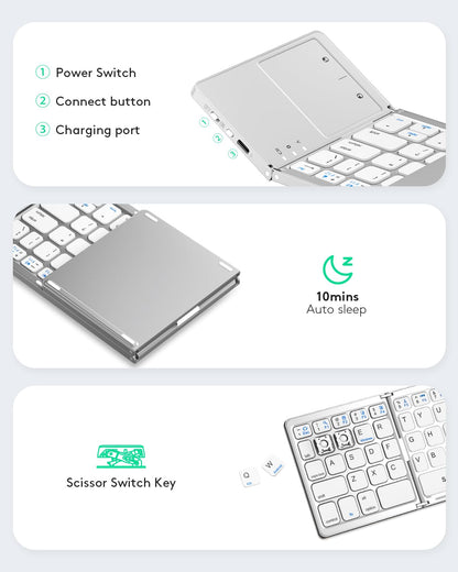 Samsers Foldable Bluetooth Keyboard with Touchpad - Portable Wireless Keyboard with Holder, Rechargeable Full Size Ultra Slim Pocket Folding Keyboards for Android Windows iOS Tablet & Laptop - Black