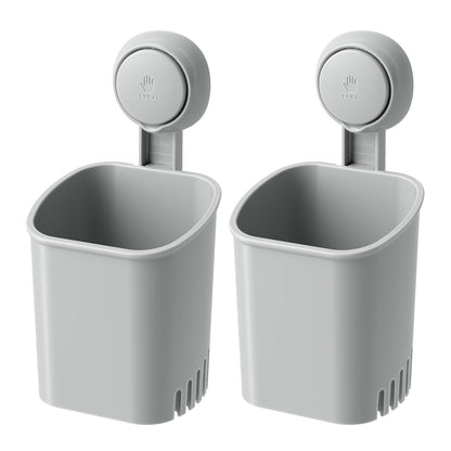 LEVERLOC Powerful Suction Toothbrush Holder 2 Pack, Removable Drill-Free Wall Shower Holder for Toothbrush, Toothpaste, Razor, Self-draining Suction Cup in Shower, Kitchen Tableware Organizer, Gray