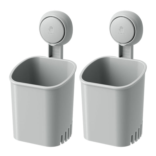 LEVERLOC Powerful Suction Toothbrush Holder 2 Pack, Removable Drill-Free Wall Shower Holder for Toothbrush, Toothpaste, Razor, Self-draining Suction Cup in Shower, Kitchen Tableware Organizer, Gray
