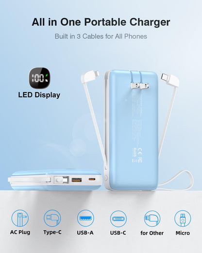 Portable Charger with Built-in Cables&AC Wall Plug,Slim 10000mAh 22.5W Fast Charging Power Bank,5 Output 2 Input USB-C External Battery Pack Compatible with iPhones,Samsung,Android, etc