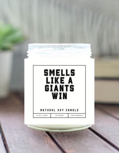 Smells Like a NY Giants Win Sports Candle - Scented Soy Wax Candle (8.0 oz) 50-60 Hour Burn Time, Cotton Wick, Frosted White Glass Jar (Vanilla)