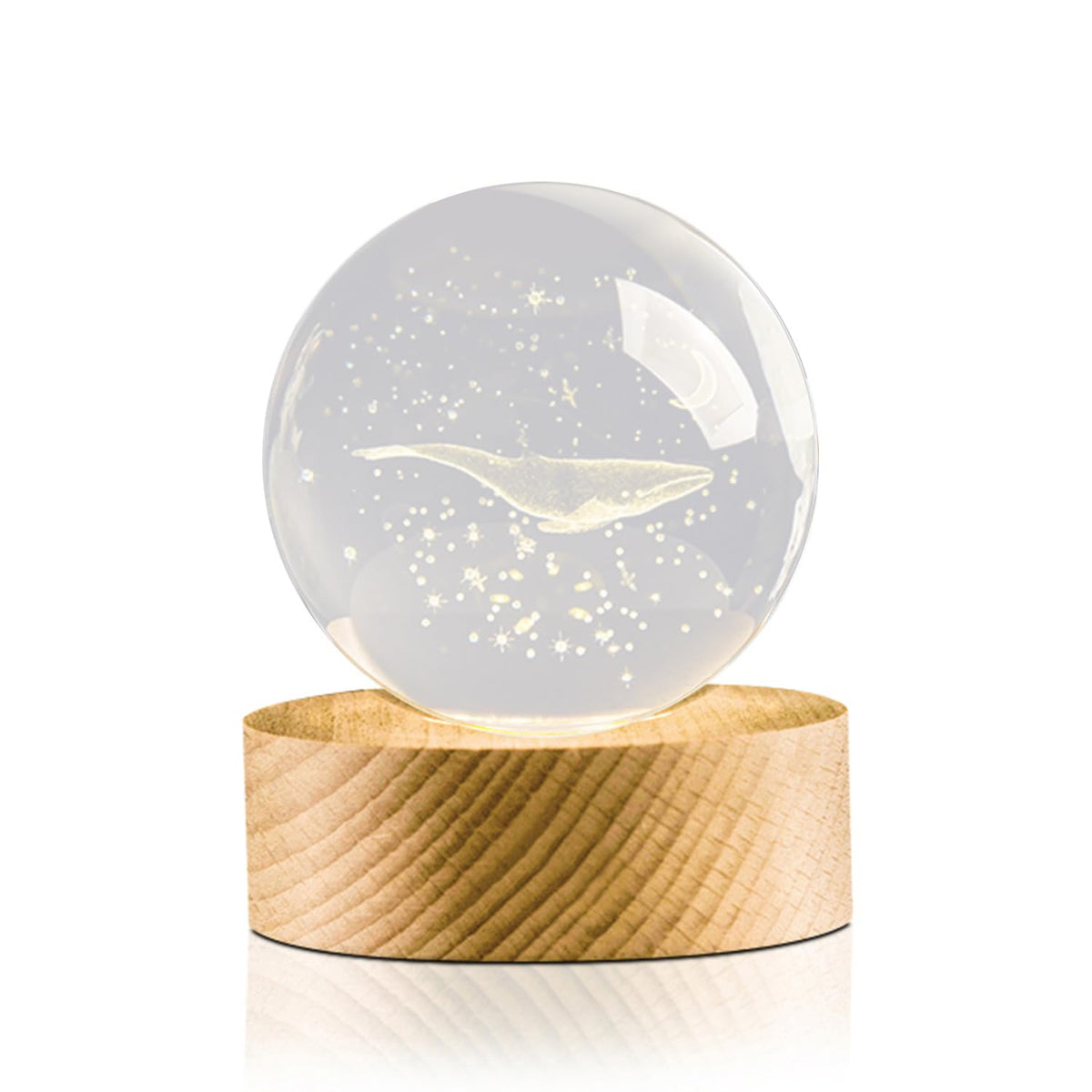 Flexzion 3D Whale Crystal Ball Night Light - LED Light Hologram Glass Lamp with Solid Wood Base, USB Powered Crystal Ball Lamp with Adjustable Brightness for Home Decor Display Gift, 2.4inch(60mm)