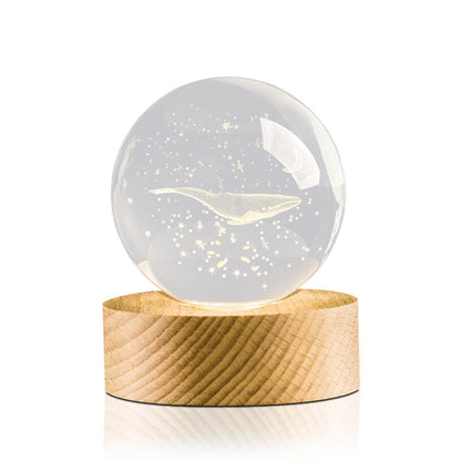 Flexzion 3D Whale Crystal Ball Night Light - LED Light Hologram Glass Lamp with Solid Wood Base, USB Powered Crystal Ball Lamp with Adjustable Brightness for Home Decor Display Gift, 2.4inch(60mm)