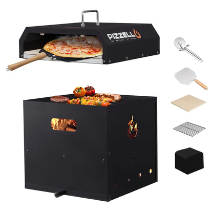 PIZZELLO Outdoor Pizza Oven Large 4-in-1 Wood Fired Outside Oven 2-Layer Detachable Pizza Maker with Pizza Stone, Pizza Peel, Cover, Cutter, BBQ Grill Grate, Pizzello Gusto 16"