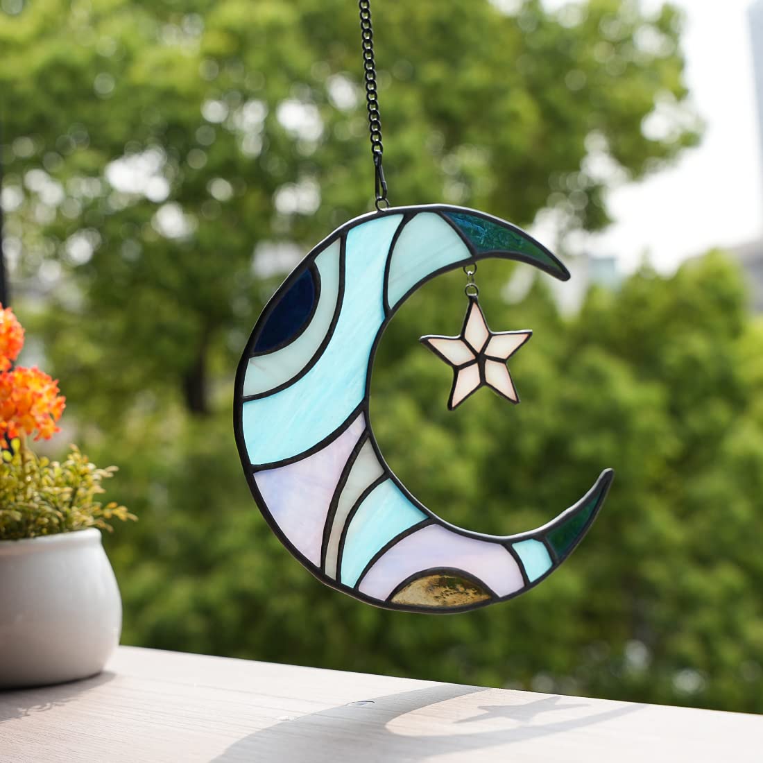 HAOSUM Stars and Moon Stained Glass Suncatcher - Window Decor Gift for Home Indoor - Crescent Moon and Star Decorations for Women