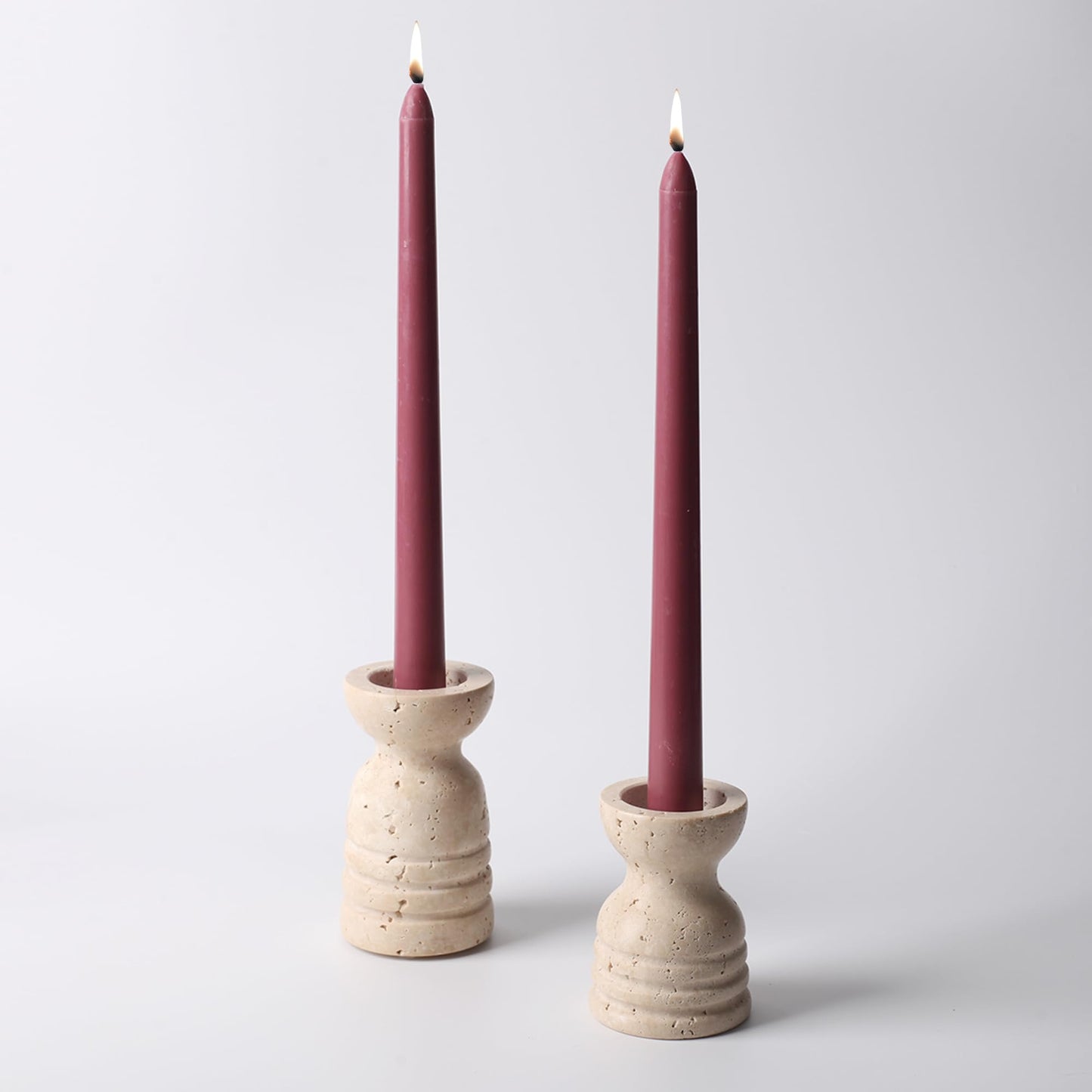 WORHE Candle Holders Italy True Natural Travertine Stone Set of 2 Premium Marble Candlestick Holder for Wedding Dinning Party Candle Stand for Dia 3/4" Taper Pillar Candles Color Beige (CH6065YL)