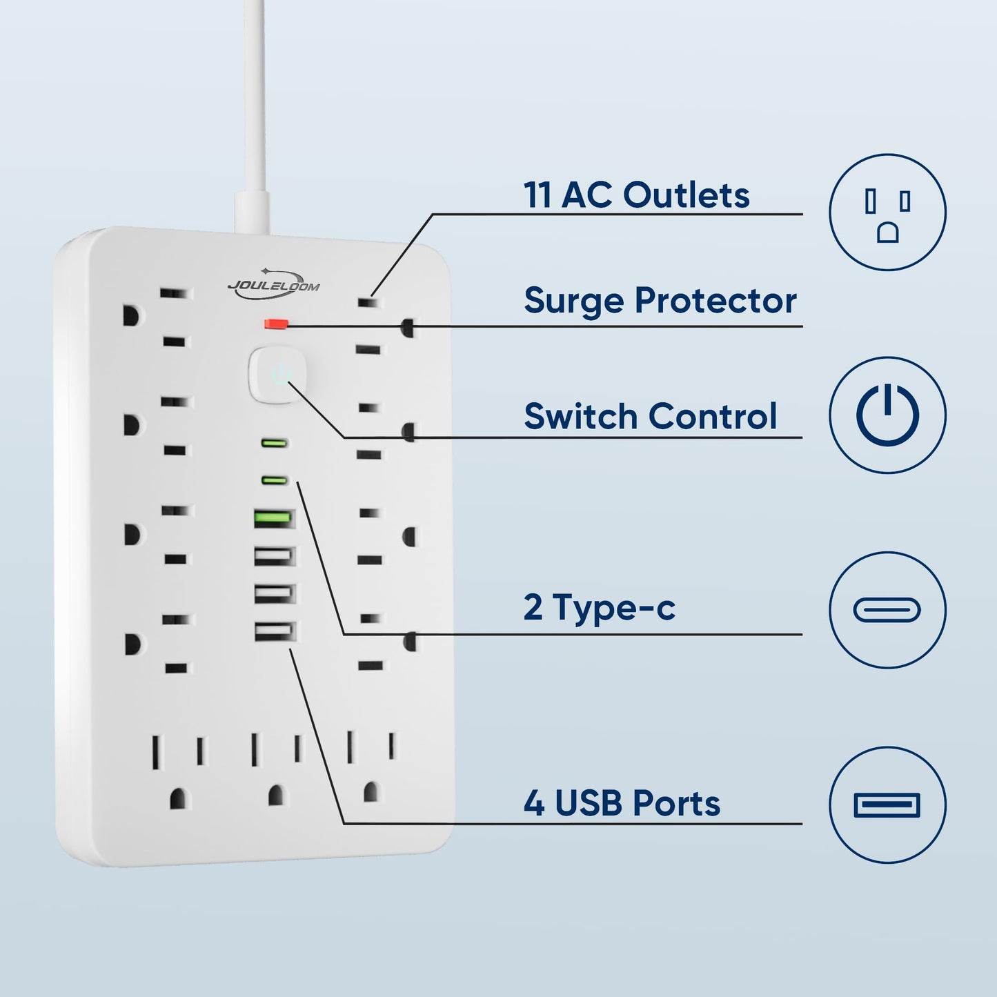 6 FT Flat Plug Surge Protector Power Strip,11 Multiple AC Outlets with 6 USB Ports (2 USB C), 6 Feet Extension Cord, 1250W/10A, One Touch Switch Button, 17 in 1 Compact powerstrip