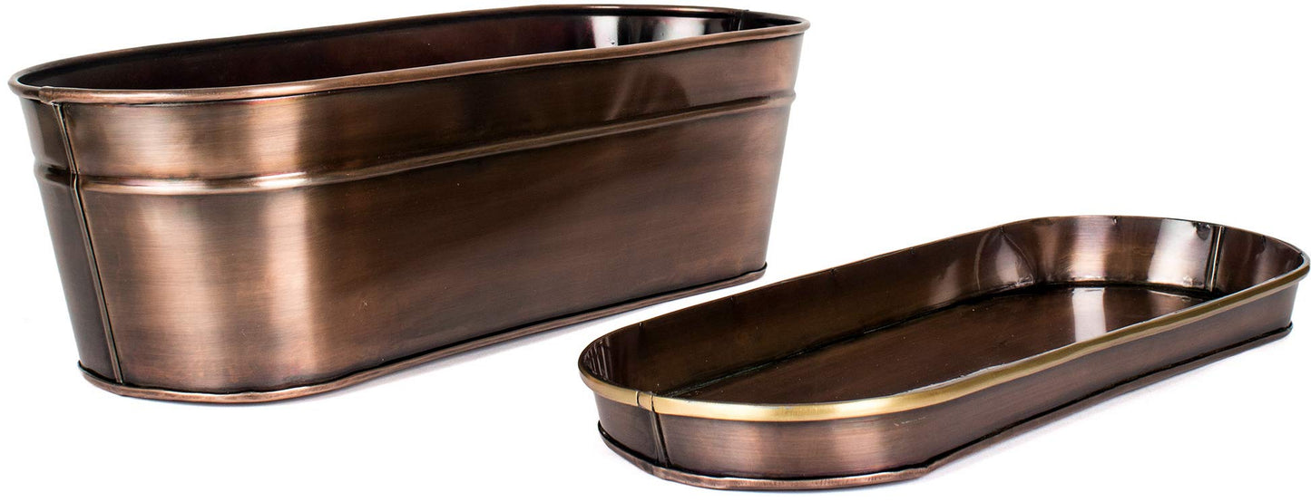 H Potter Herb Succulent Planter Antique Copper Finish and Brass Accents Indoor Centerpiece Outdoor Garden Pot Plant Box Holder with Tray for Succulents Flowers