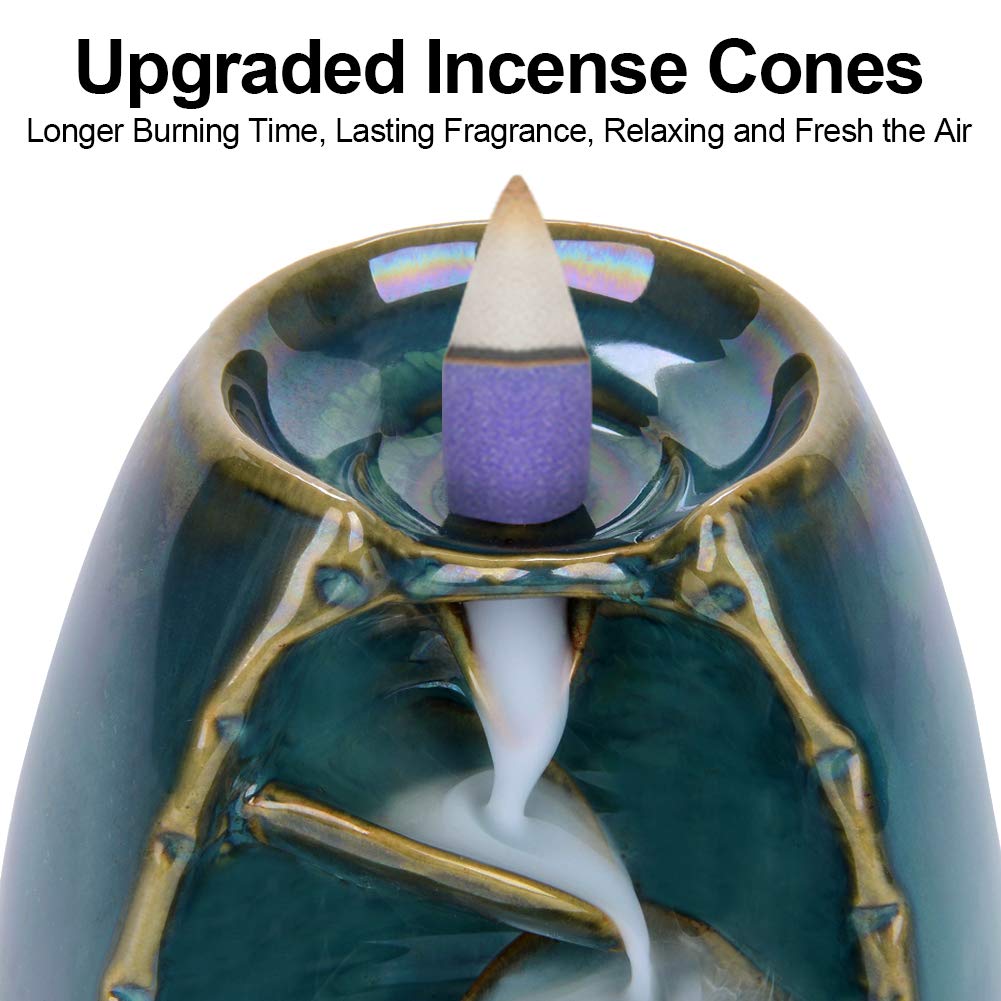 SPACEKEEPER Ceramic Backflow Incense Holder Waterfall Incense Burner, Aromatherapy Ornament Home Decor with 120 Backflow Incense Cones + 30 Incense Stick , Blue Set