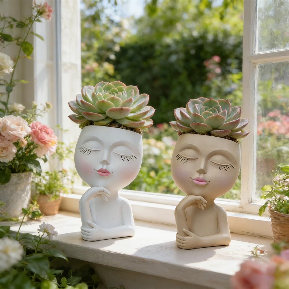 Thinking Face Planter, Funny Plant Pots, Cute Head Flower Pot with Drainage for Indoor Outdoor Succulent/Herb, Unique Minimalist White Vase, Garden Home Office Desk Shelf Art Decor, Women Gift 7"