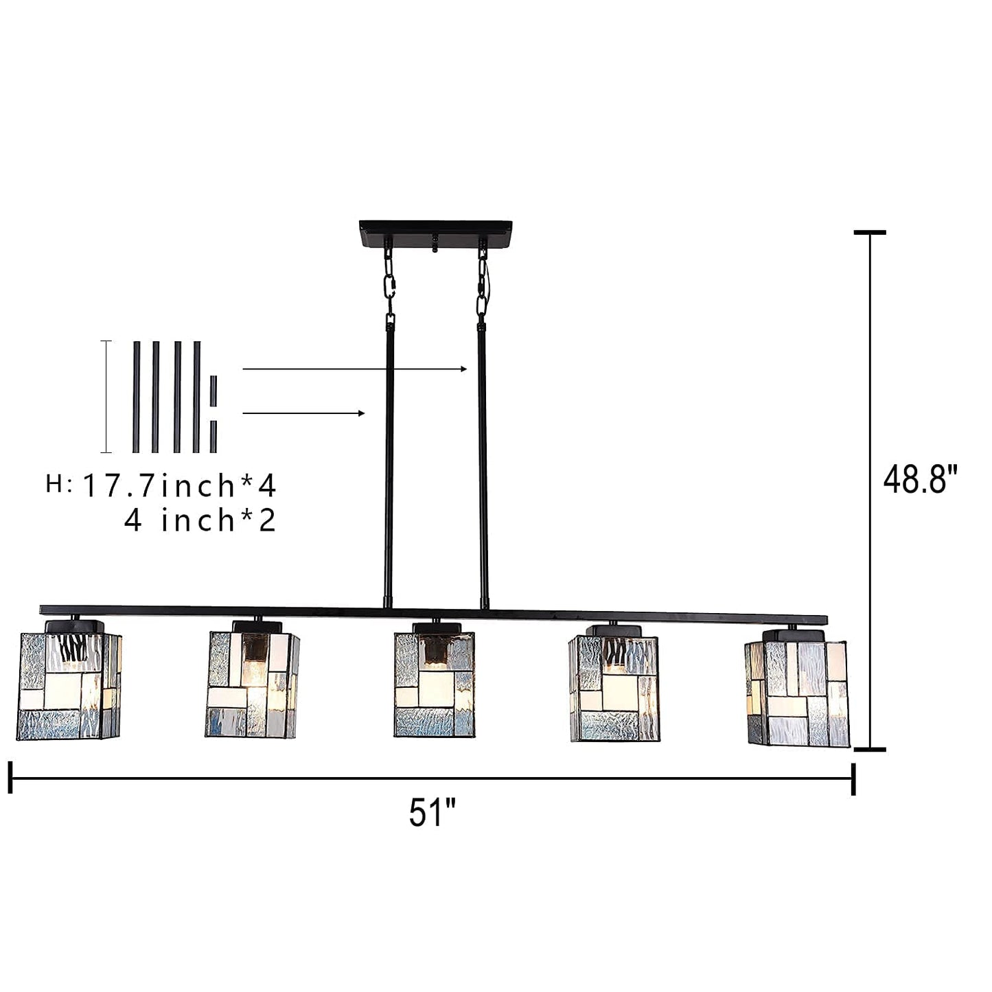 ARTZONE Tiffany Pendant Light Fixture[5 Lights][51''Wide*Adjustable Height] Stained Glass Tiffany Hanging Chandelier for Kitchen Island Dining Room(Blue)