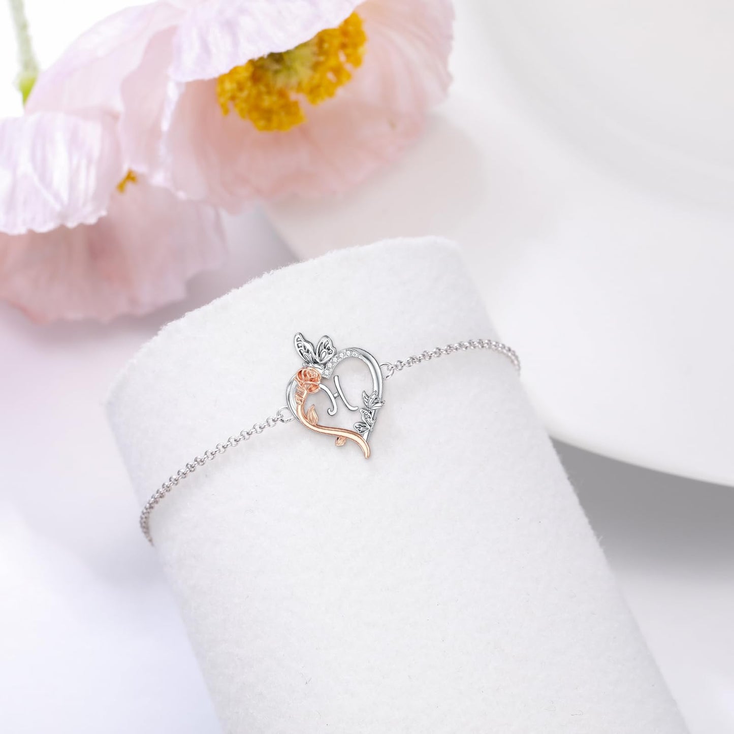 TOUPOP Rose Heart Bracelet for Women Sterling Silver Heart Initial H Letter Bracelet Butterfly Love Jewelry Anniversary Birthday Mothers Day Gifts for Mom Wife Her Girlfriend