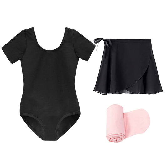 Stelle Girls Short Sleeve Dance Active Dress Ballet Leotard Combo with Dance Skirt and Dance Tight (Black (Adjustable Tie), 110, 6 Years)