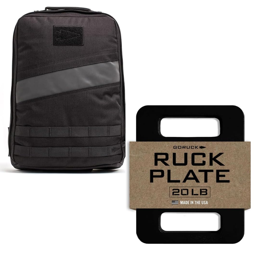 GORUCK Rucker 4.0 15L Black with Ruck Plate 20LB Bundle, Purpose Built Rucking Backpack, Military Weight Training Rucksack w/Ruck Plate Pocket and Extra Padded Straps