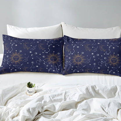 Castle Fairy Golden Sun Moon Fitted Sheet Set Full Size 4 Pcs,Stars Planets Bedding Set(1 Fitted,1 Flat,2 Pillowcases),Navy Blue Universe Luxury Deep Pocket Bed Sheets for Girls Teesn Room