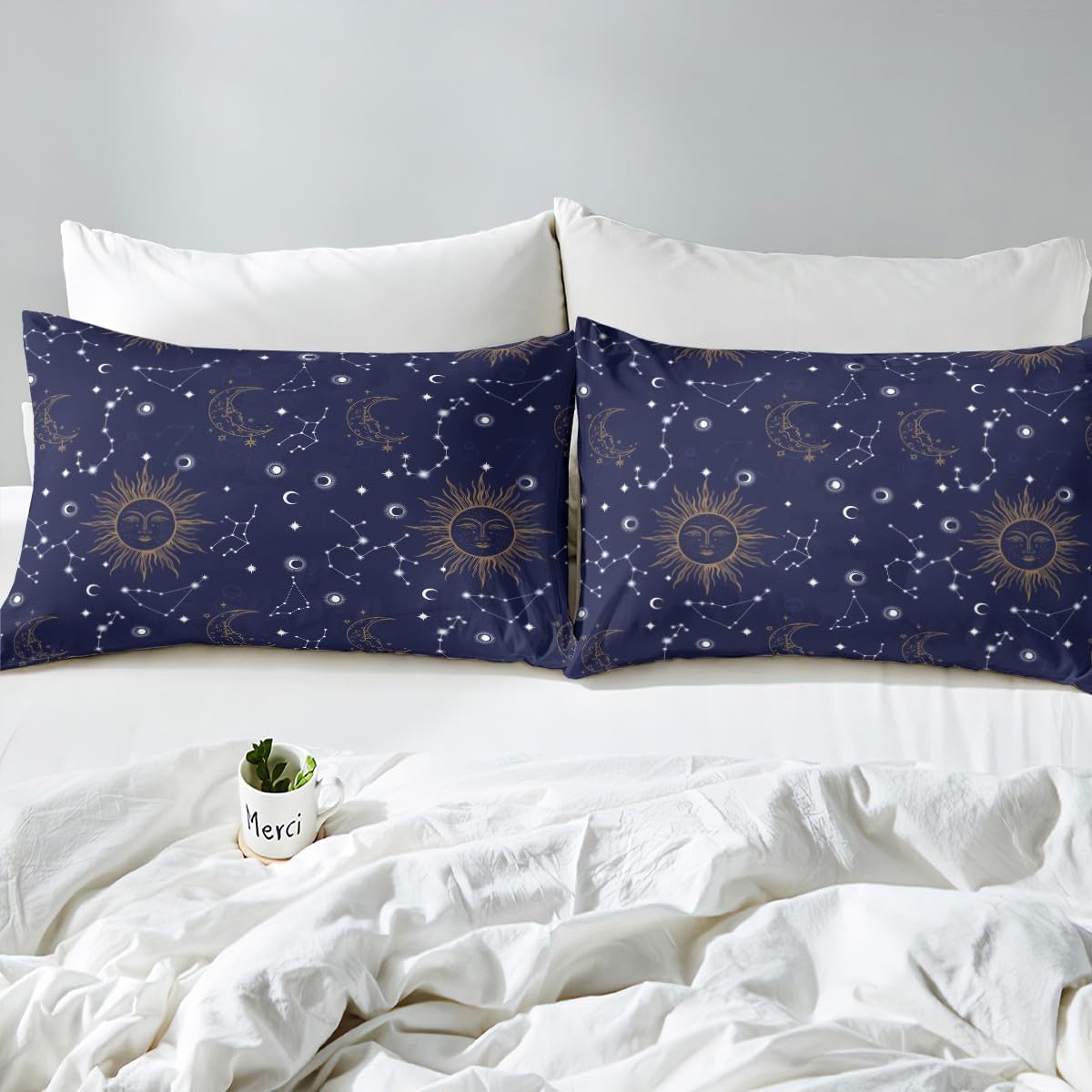 Castle Fairy Kids Golden Sun Moon Fitted Sheet Set King Size 4pcs,Stars Planets Bedding Set(1 Fitted,1 Flat,2 Pillowcases),Navy Blue Universe Luxury Deep Pocket Bed Sheets for Girls Teesn Room