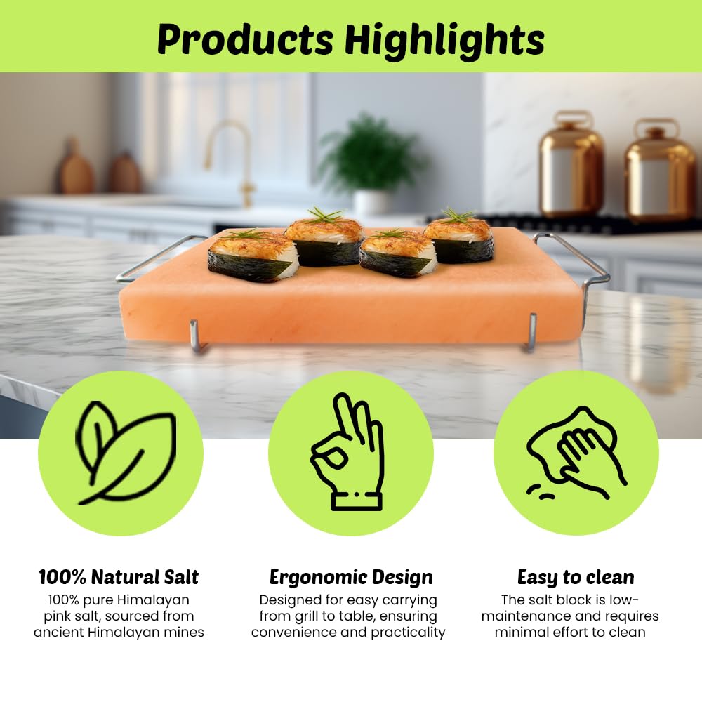 Himalayan Salt Block Cooking Plate 12x8x1.5 for Cooking, Grilling, Cutting and Serving, with Steel Tray & Recipe booklet Unique Gifts for Men, Women, Chefs & Cooks