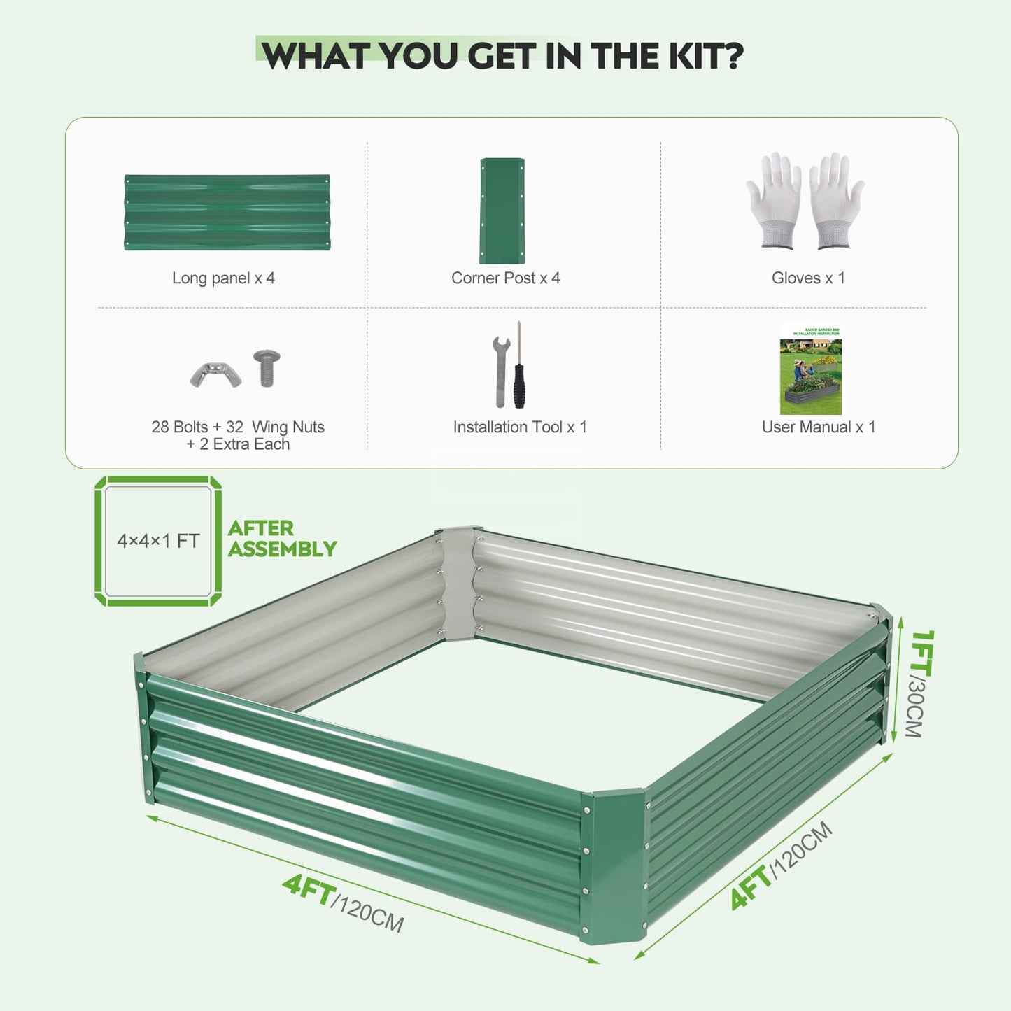 ZORMY 2 Pcs 4x4x1ft Galvanized Raised Garden Bed Outdoor, Metal Planter Boxes with Easy Assembly, Planter Raised Beds for Gardening, Flower, Plants, Vegetable, Herb - LotusGreen