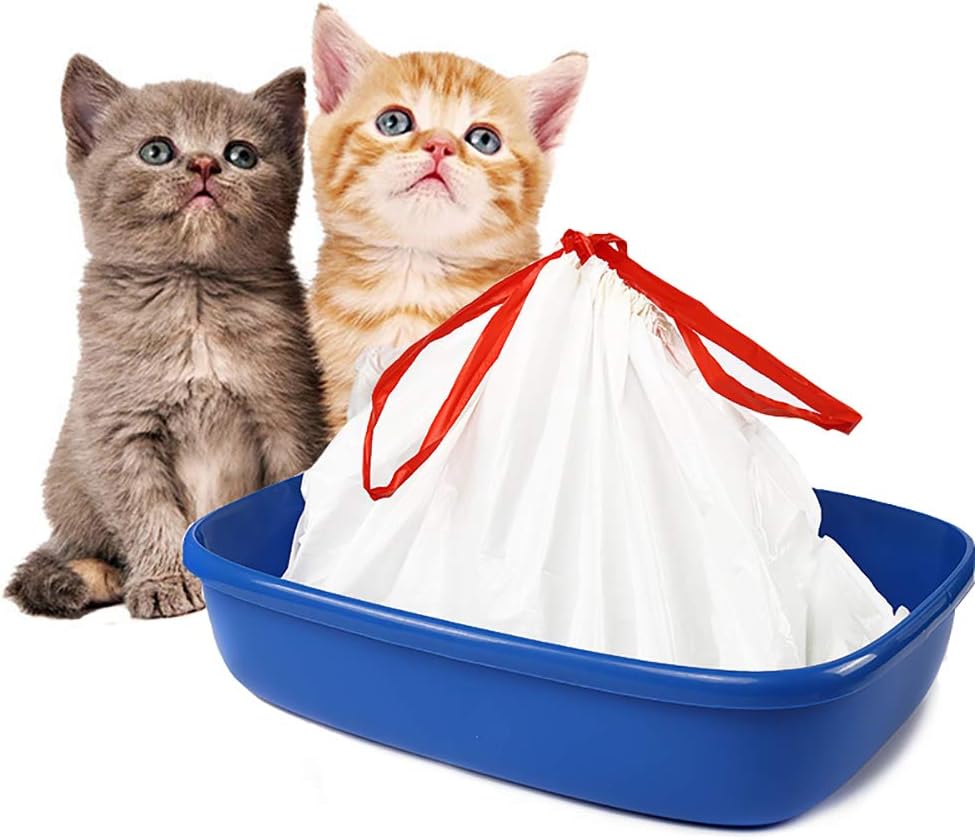 BILIEASY Cat Litter Box Liners large with Drawstrings 10 Pack Scratch Resistant Bags for Medium and Large Litter Box (M, WHITE)