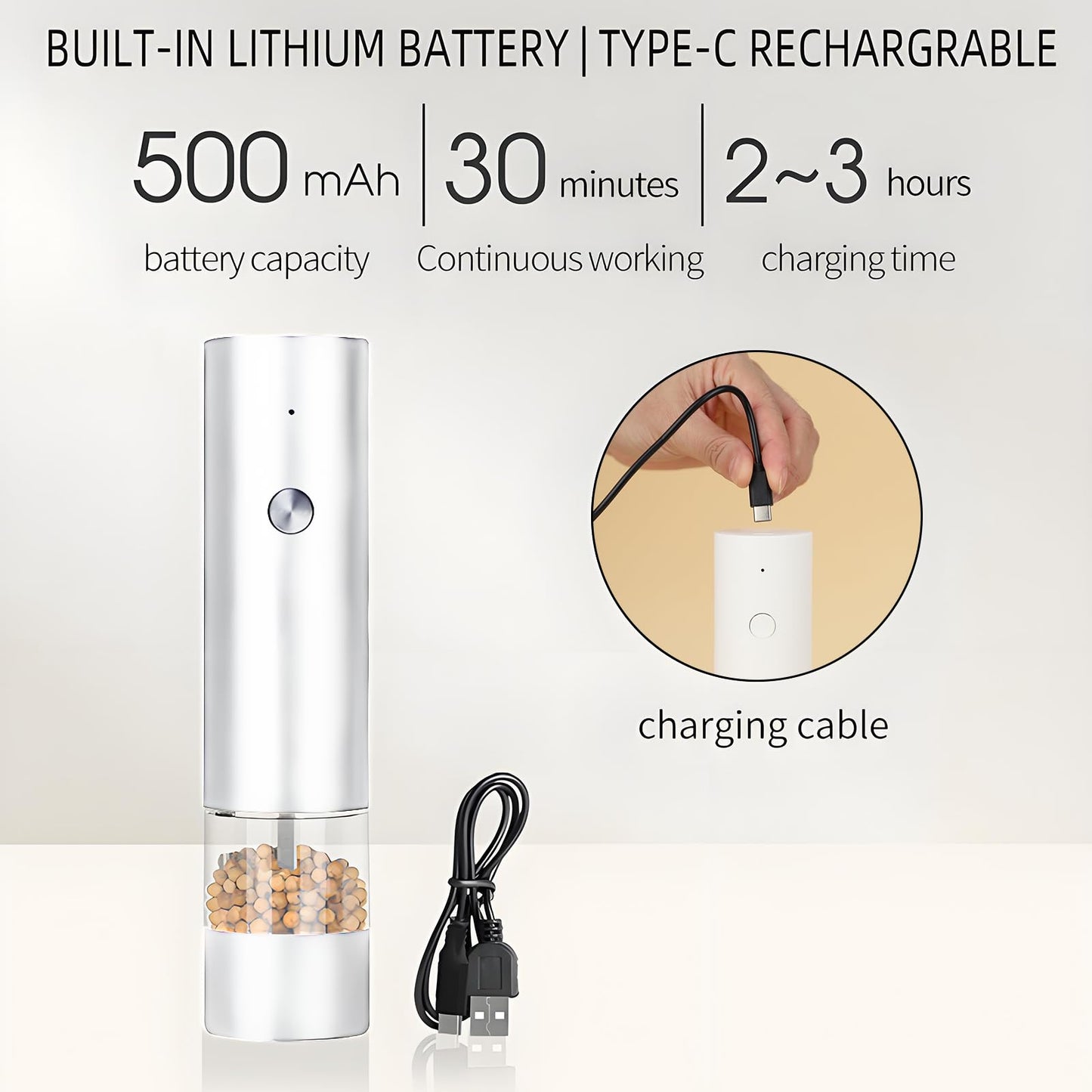 Electric Pepper Grinder,Electric Pepper Mill Grinder,Adjustable Coarseness,Efficient And Convenient,Easy To Clean,One Handed Operation,Type-C Rechargeable, A Reliable Assistant In The Kitchen(White)