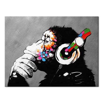 Wieco Art Black Framed Monkey With Headphones Banksy Graffiti Art Abstract Canvas Paintings Prints Animal Canvas Wall Art for Wall Decor and Home decorations Office Decor