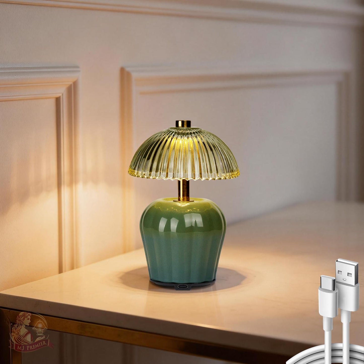 MJ PREMIER Rechargeable Table Lamp, Cordless Lamp with Timer, Mini Glass Mushroom Lampshade, Small Table Lamps, Decorative Led Light for Bedroom Living Room Shelf (Green)
