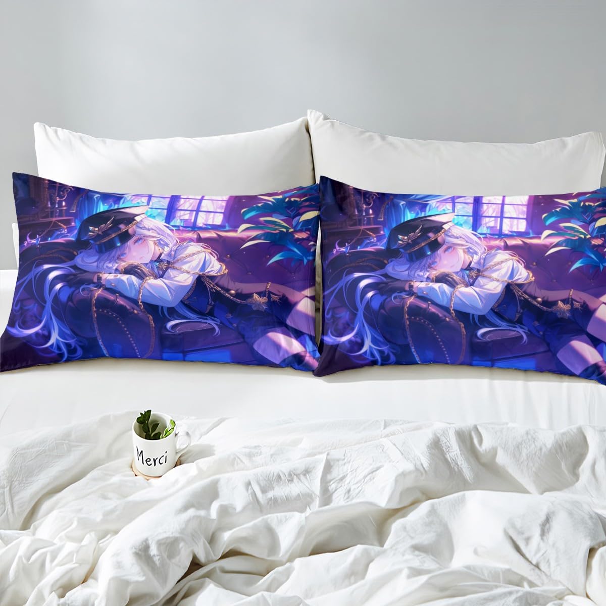 Erosebridal Anime Girl Bed Sheets Twin Size Japanese Anime Sheet Set for Kids Boys Teens Women Bedroom Decor, Cartoon Girl Top Sheet Set Japanese Animation Kawaii Bedding Sets, Purple