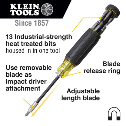 Klein Tools 32303 Multi-Bit Screwdriver/Nut Driver, Impact Rated 14-in-1 Magnetic Screwdriver Set Phillips, Slotted, Square, Combo, Torx