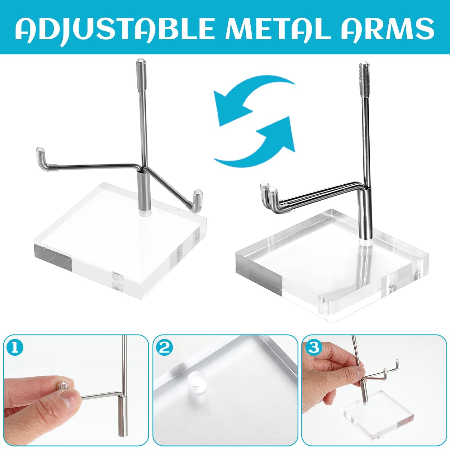 Tolare 6 Pcs Rock Display Stand with Acrylic Base, Adjustable Metal Arm Crystal Display Stand, Silver Small Holder for Gemstones, Fossils, Crystal, Minerals, Agate(2.4 X 2.4 X 4.1 Inches)