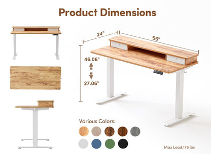 BANTI 55x24 Inch Electric Height Adjustable Standing Desk, Home Office Computer Desk with Double Storage Drawers, 4 Adjustable Feet & 2 Hooks, Light Rustic