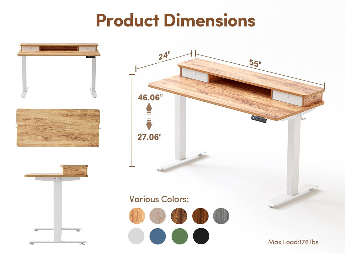 CubiCubi 55 x 24 Inch Electric Height Adjustable Standing Desk with Double Drawers, 4 Adjustable Feet & 2 Hooks, Home Office Computer Workstation, Light Rustic