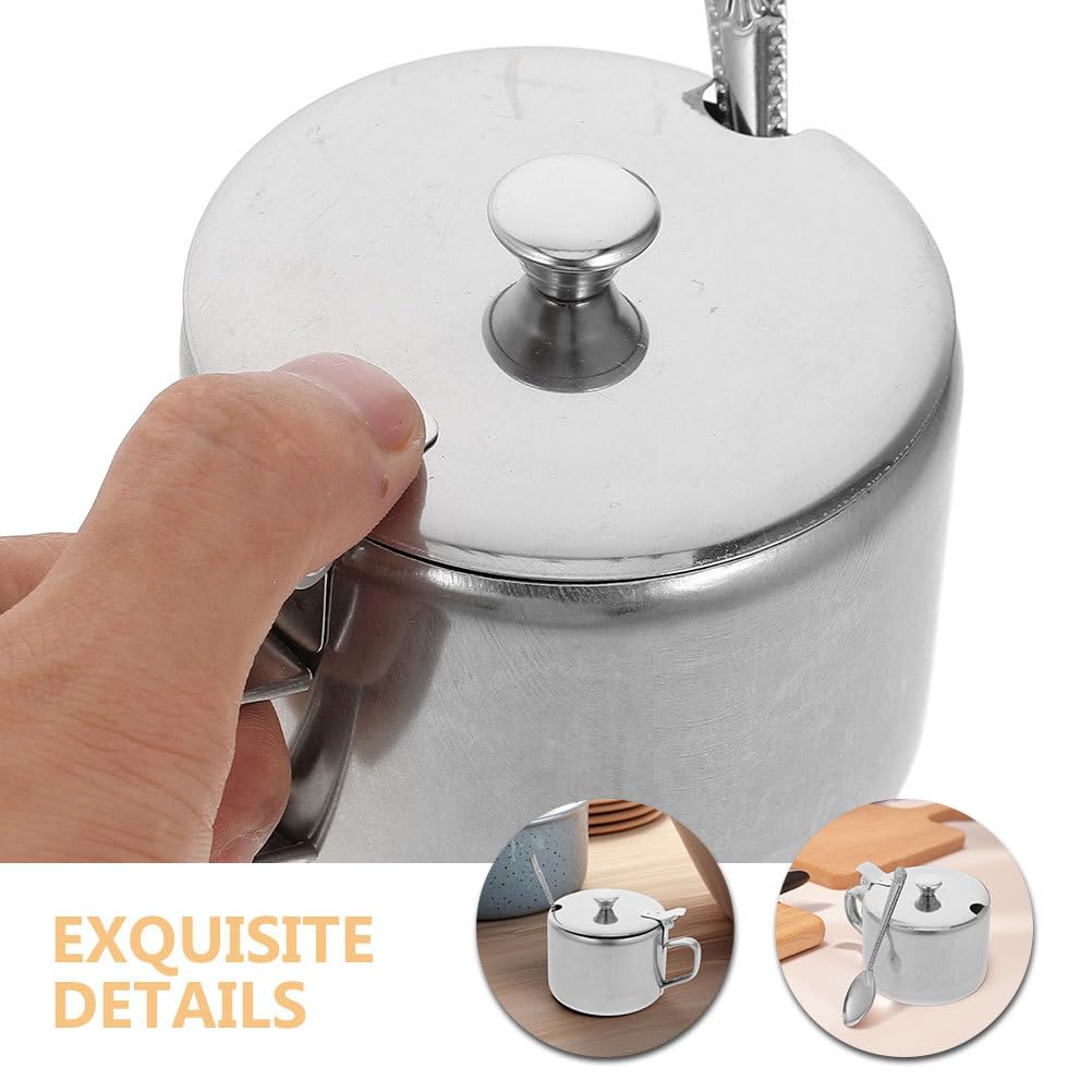 DEARMAMY Stainless Steel Sugar Bowls Set with Lid and Spoon 3-Piece Multipurpose Kitchen Countertop Containers for Sugar Salt Pepper Spices 3.93X3.14X2.67 Inch