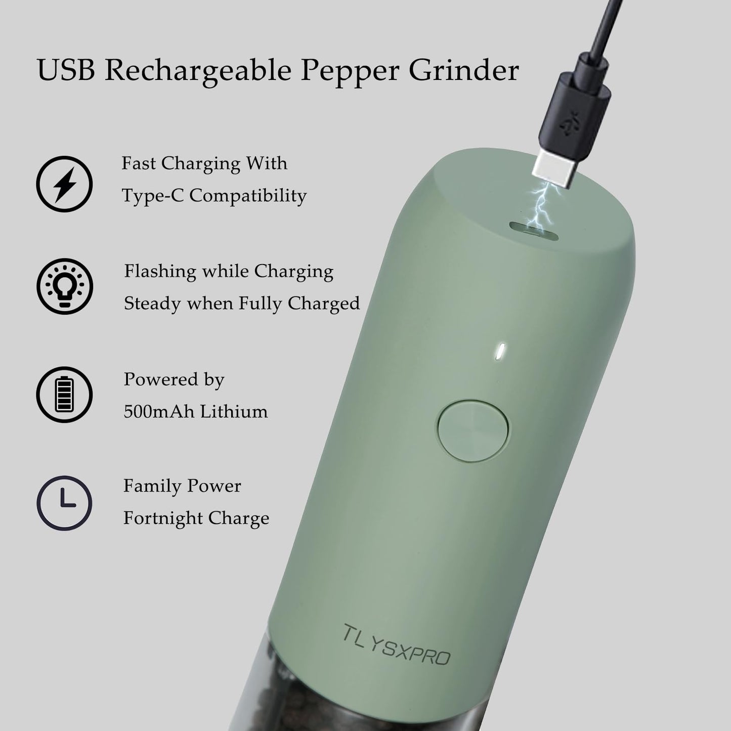 Electric Salt and Pepper Grinder, USB Rechargeable, Automatic Salt and Pepper Shaker, Adjustable Coarseness, Electric Pepper Mill, LED Light, Refillable, Kitchen Gadgets (Sage)
