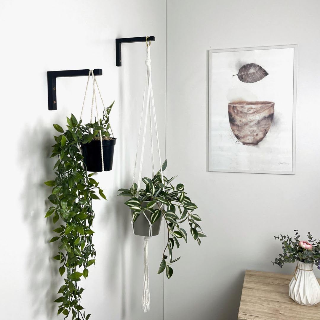 EvenWood 2-Piece Set of Plant Hooks for Wall 6 Inch - L-Shaped Mounted Wooden Plant Hook - Indoor and Outdoor Bracket Plant Hanger for Planters, Lanterns, Bird Feeders and Plant Basket (Black)