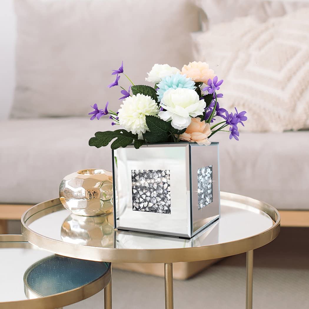 Crushed Diamond Mirrored Vase 6x6x6inch Crystal Silver Glass Stunning Decorative Vase Flower Luxury for Home Decor. Can’t Hold Water.