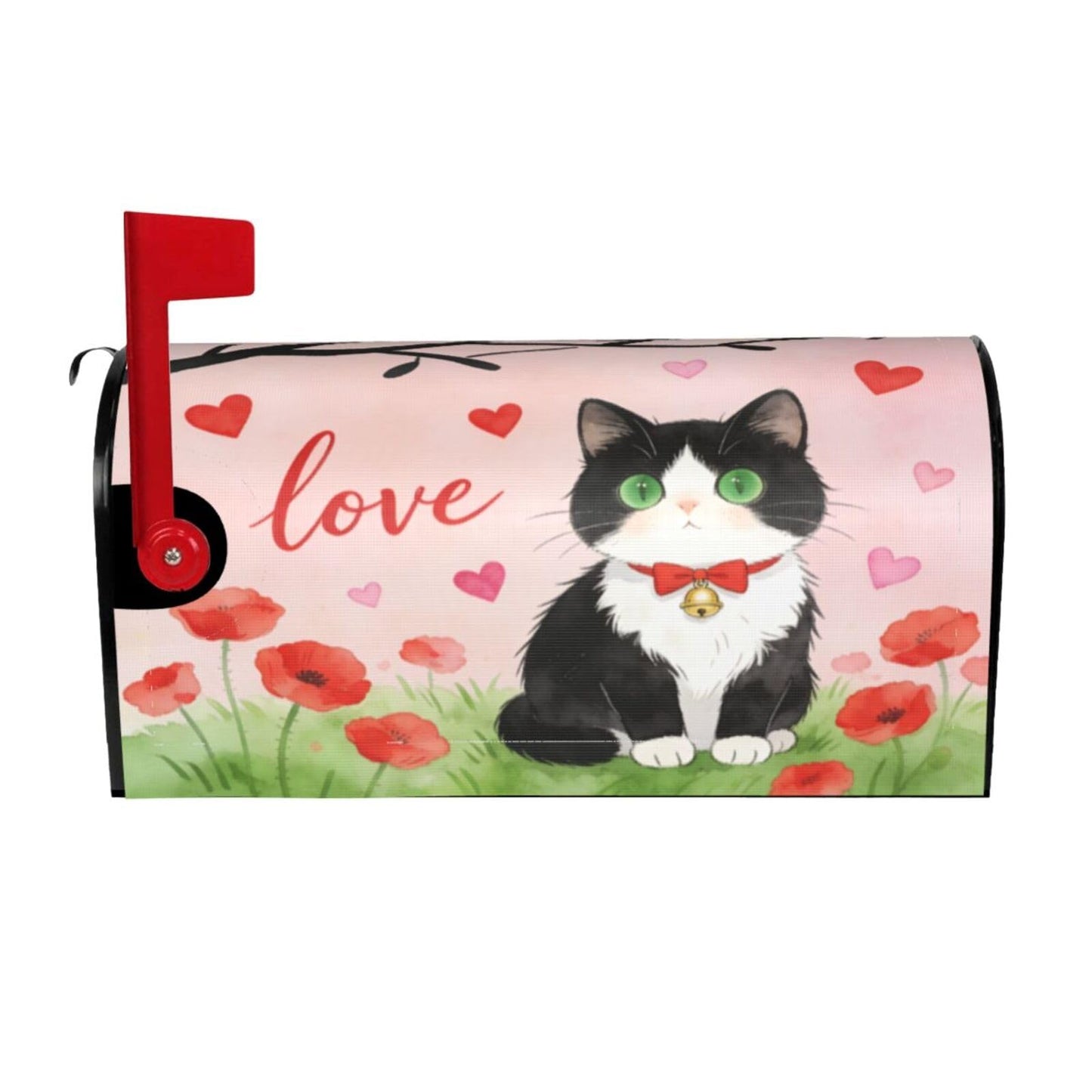Love Cat Red Flowers Magnetic Mailbox Covers, Mail Wraps Garden Yard Home Decor for Outdoor Standard Size 21x18 in