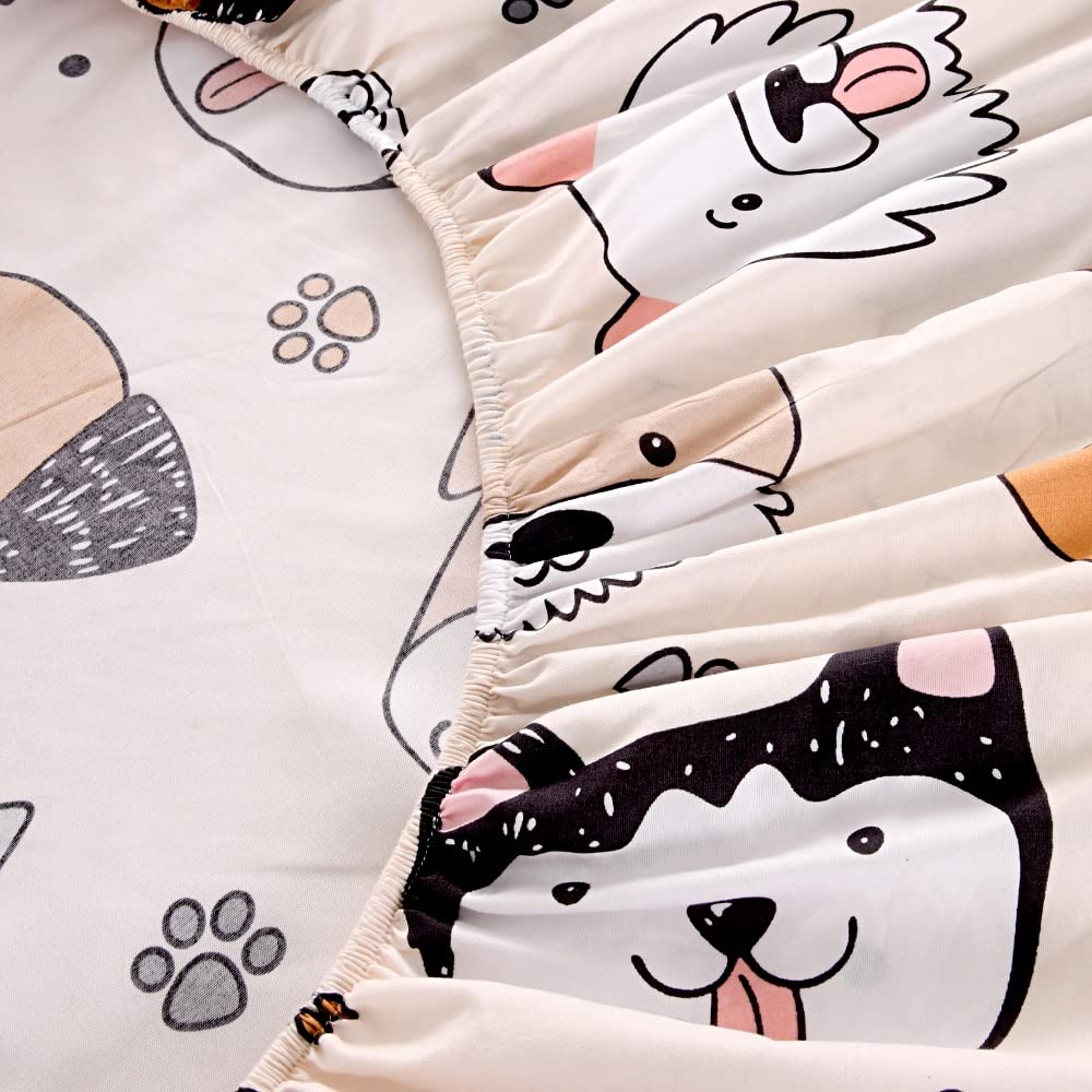 KWLOVER 3PC Soft Doggy Printed Bed Fitted Sheet Flat Sheet and Pillowcase Set,Dog Design Cute Puppy Pattern Printed Bed Sheets Set for Teens Boys Girls Twin Size Bed