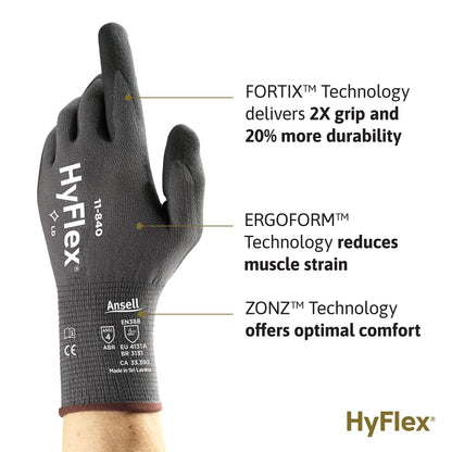 Ansell HyFlex 11-840 Professional Work Gloves, Abrasion Resistant Nitrile Coating with Firm Grip, Multipurpose Protection Gloves, Mechanical and Industrial Safety, Black, Size L (12 Pairs)