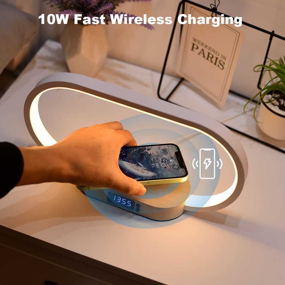 Donewin Bedside Lamp with Wireless Charger,Wooden Table Lamp with Charging Station,Touch Nightstand Lamp with Clock,3 Color Stepless Dimming Touch Lamp for Bedroom,Unique Gifts for Women