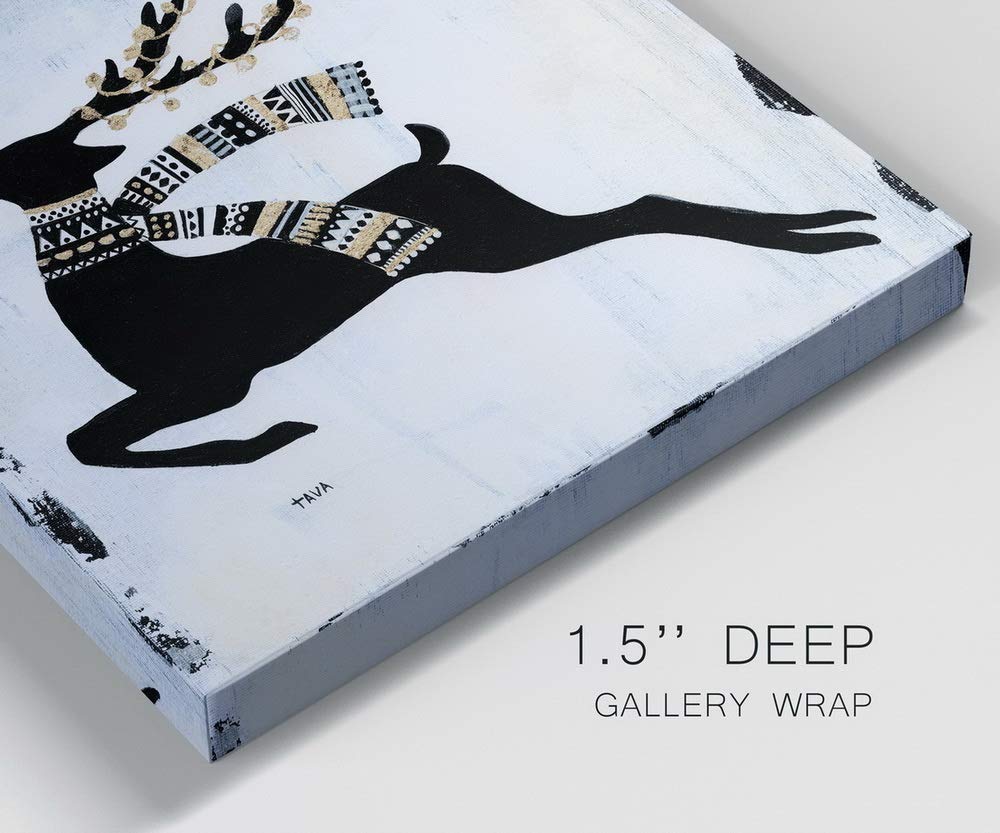 Renditions Gallery Christmas Reindeer Wall Art, Cute Winter Artwork, Black, Gold, & White, Tribal Patterns, Premium Gallery Wrapped Canvas Decor, Ready to Hang, 24 in H x 24 in W, Made in America