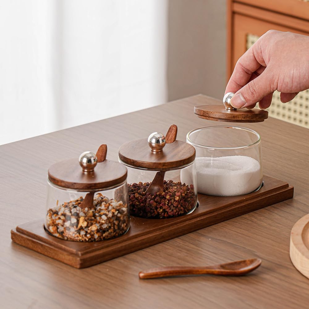 Condiment Containers Set with Acacia Wood Lids and Tray Seasoning Box Condiment Pots Jars with Spoons for Spice Salt Sugar Cruet (Silver Top, 3 Jars with Tray)