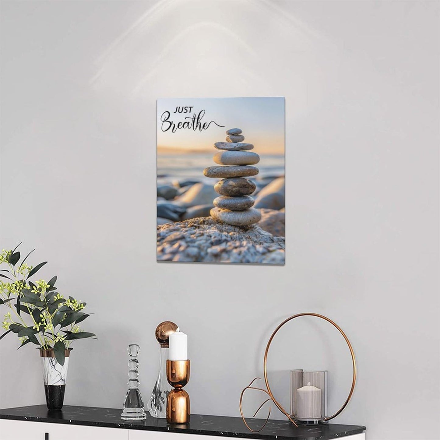Zen Wall Art Spa Stone Just Breathe Pictures Canvas Wall Decor Meditation Yoga Painting Peaceful Home Modern Artwork Decorations Framed for Bathroom Bedroom Living Room Office 12 x 16 inch
