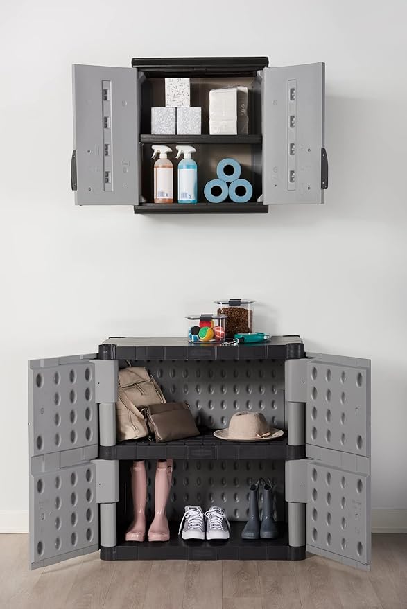 Rubbermaid Freestanding Storage Cabinet with Doors 18"D x 36"W x 37"H Medium Gray/Black Two-Shelf Lockable Cabinet for Indoor/Outdoor/Garage Storage for Garden Tools/Lawn Care Accessories