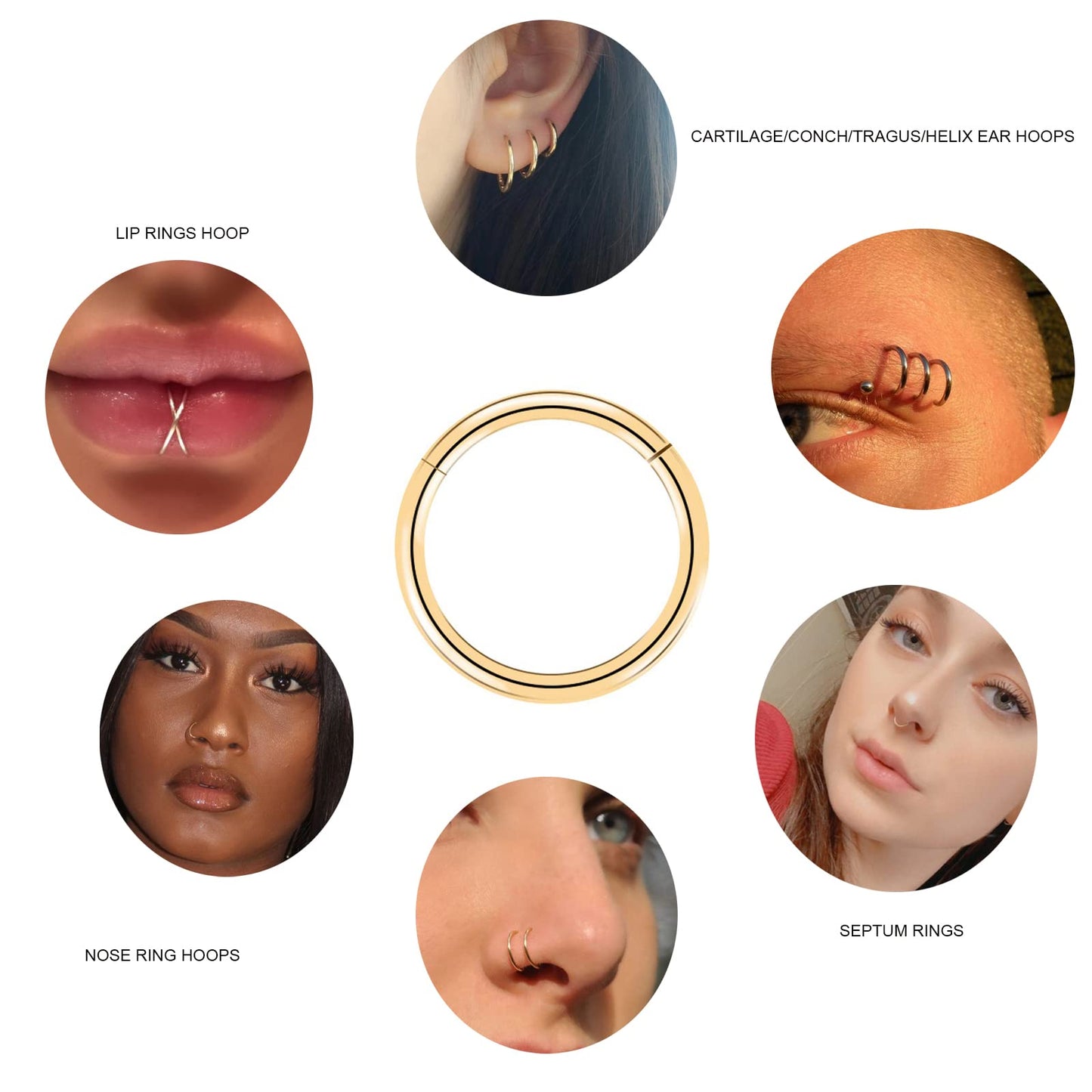 BOGKU 6pcs G23 Titanium Hinged Nose Rings Hoop 14 Gauge 9mm Nose Septum Clicker Segment Rings Cartilage Conch Tragus Helix Rook Hoop Earring Body Piercing Jewelry
