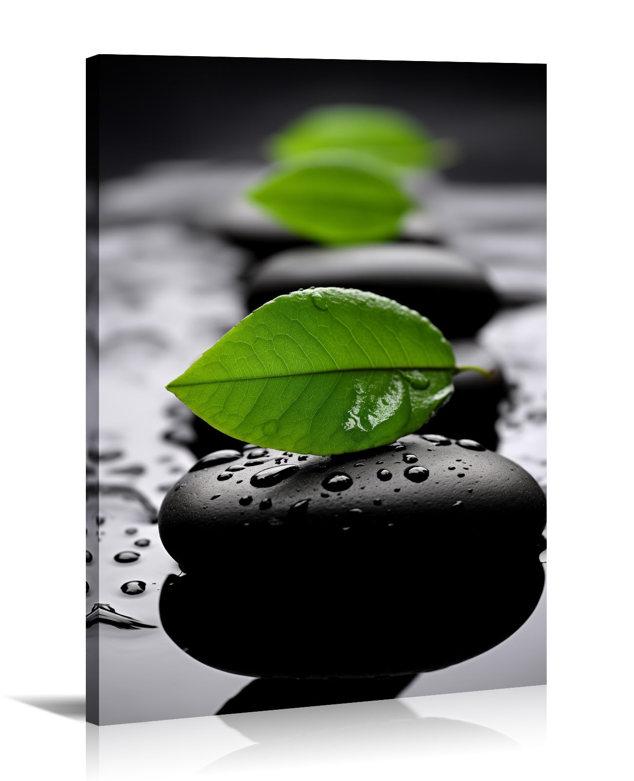 LYUNSHUO Zen Wall Art,Black SPA Stones Canavs Print Green Leaf Picture Spiritual Room Wall Decor Meditation Still Life Painting Framed Artwork for Bathroom Office Home Decor(Art-2,12.00"x18.00")